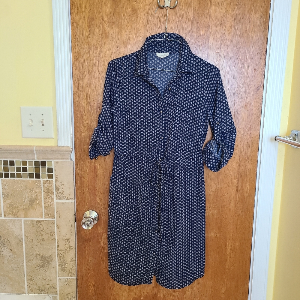 Maison Jules Navy Long Sleeve Dress with White Dots